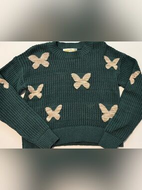Dark Green Crewneck Sweater with Cream Butterfly Motif
